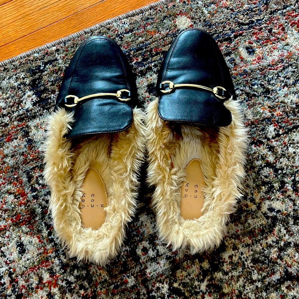 Black fur lined loader mules
